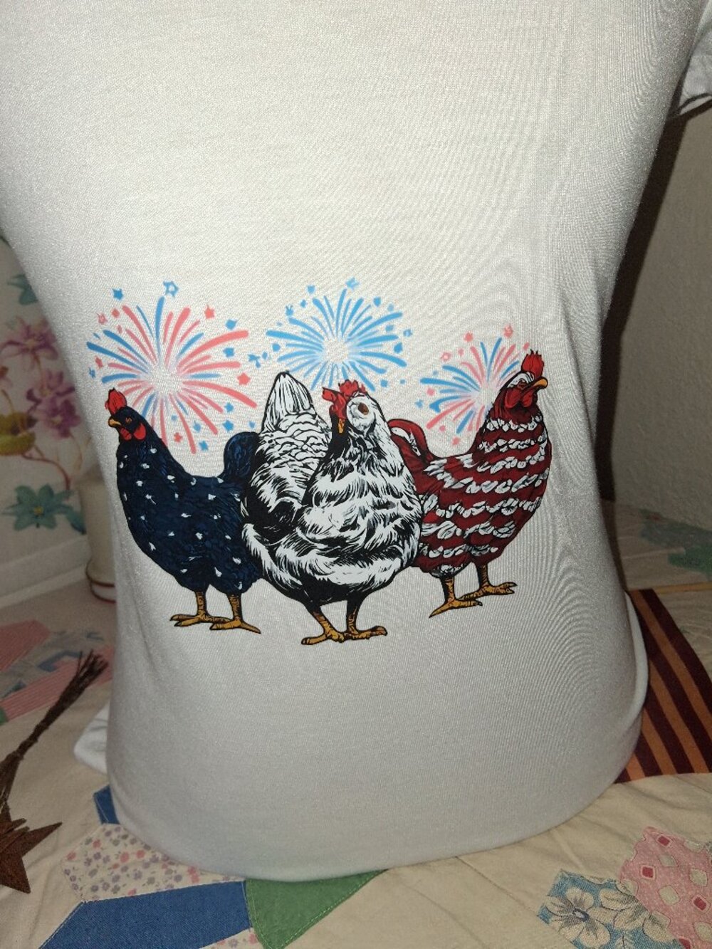 White Tee with Chickens and Fireworks